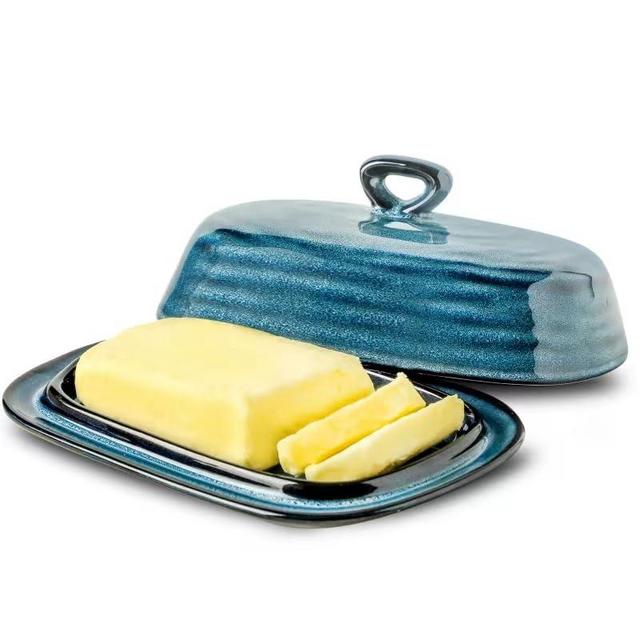 glowworm Butter Dish with lid, 7.3'' Ceramic Butter Dish, Butter Dish with Handle, Large Butter Dish with Lid for Countertop, Farmhouse Butter Dish, Navy Blue