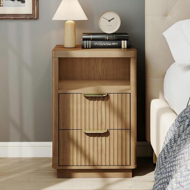 PATIOCHIC Fluted Night Stand,Mid Century Night Stand with Drawers, Morden Side Table with Metal Handle,15.7" Wooden Bedside End Table for Bedroom,Office,Natural Oak
