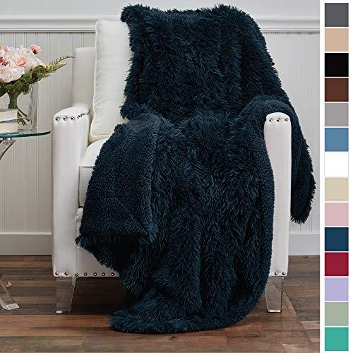 The Connecticut Home Company Shag with Sherpa Reversible Throw Blanket, Super Soft, Large Plush Wrinkle Resistant Blankets, Warm and Hypoallergenic Washable Couch or Bed Throws, 65x50, Navy Blue