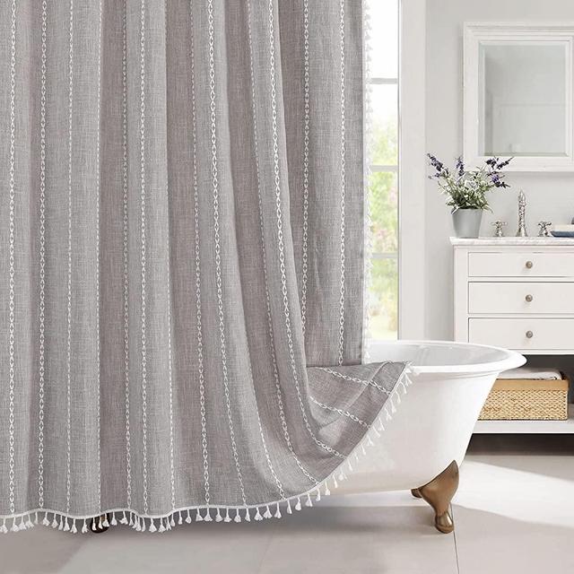 MitoVilla Grey Farmhouse Fabric Shower Curtain Set, Boho Modern Cotton Linen Shower Curtains for Vintage Rustic Bathroom Decor, Country Tassel Thick Cloth Shower Curtain, 72 x 72