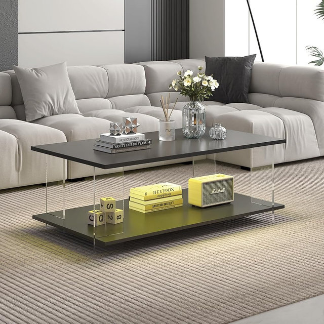 HedoAjim 43" Acrylic Coffee Table with Black Wood Top, Minimalist Stylish Modern Rectangular Center Tables for Living Room, Led Living Room Table with Storage Shelf & Acrylic Frame for Small Space