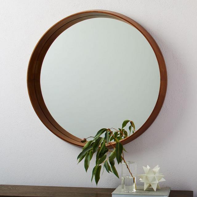 Wood Frame Ledge Round Wall Mirror