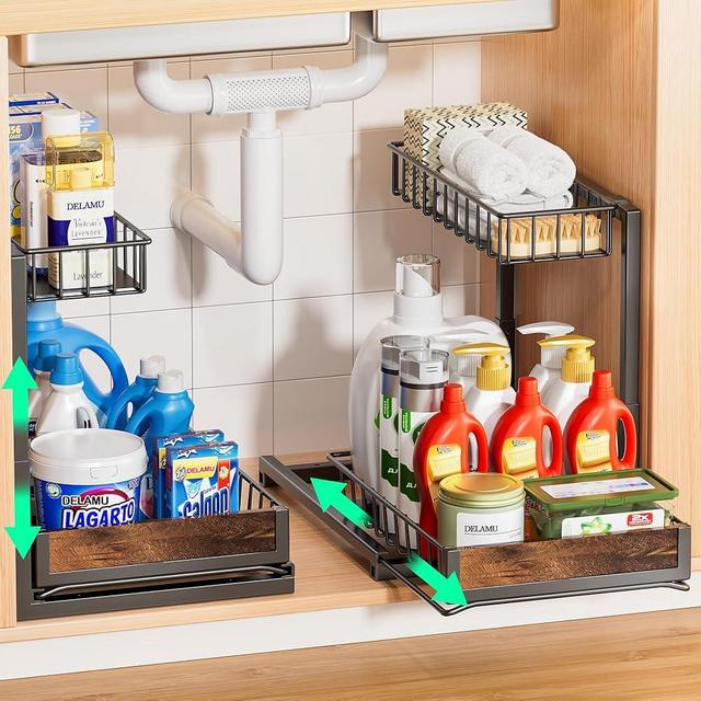 Delamu 2 Pack Under Sink Organizer and Storage, Height Adjustable Under Kitchen Sink Organizer, 2 Tier Pull Out Under Cabinet Organizer, Black Under Sink Storage for Kitchen Bathroom