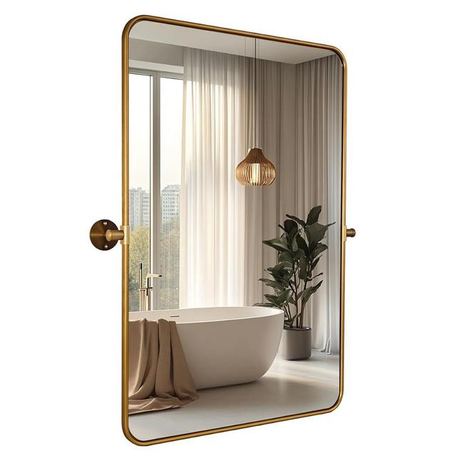 ANDY STAR Gold Bathroom Mirror, 24" x 32" Tilting Vanity Rectangle Mirror for Wall, Lightweight Brushed Gold Metal Frame Pivot Mirror Hangs Vertically Wall-Mounted