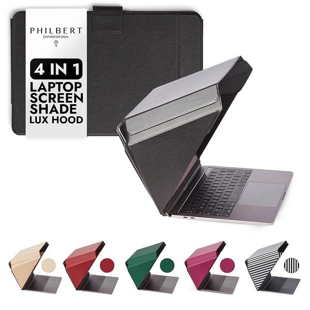 Philbert Danish Design 4-in-1 Laptop Sun Shade Lux Hood - Screen Shade, Privacy Screen, Heat Protection, Contrast Enhancement - Fits 12”/13”/14” Laptops, Self-Standing Cover with Pocket - Black