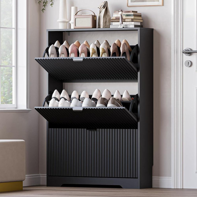 BORNOON Entryway Shoe Cabinet with 3 Flip Drawers, Narrow Shoe Organizer Cabinet with Fluted Panel and Adjustable Shelves for Foyer, Hallway