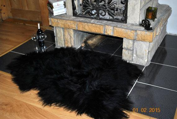Sheepskin. Giant XXL Black Icelandic Sheepskin Rug. Super Soft Silky Long Wool.