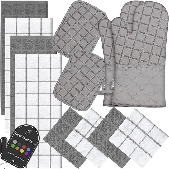 Oven Mitts Pot Holders Sets/Kitchen Towels and Dishcloths, Oven Gloves Kitchen Dish Towels 500 Degree Heat Resistant Potholders with Non-Slip Silicone Surface for Cooking, Grilling, Baking-Gray