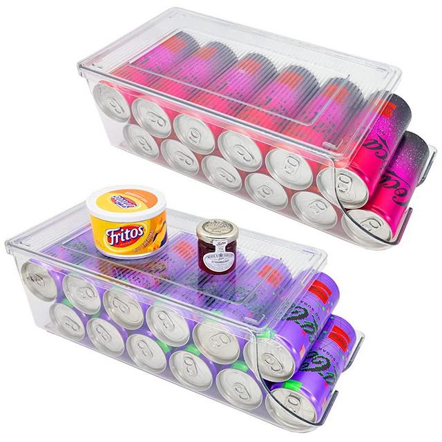 SCAVATA 2 Pack Skinny Can Organizer for Refrigerator, Stackable Tall Skinny Soda Pop Can Holder Dispenser with Lid for Fridge Pantry Rack Freezer, Clear Plastic Storage Bins-Holds 12 Slim Cans Each