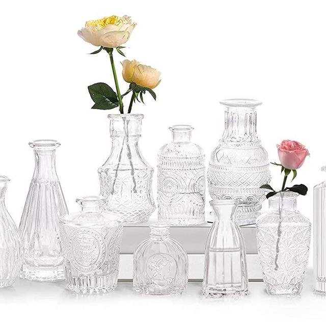 Glass Bud Vase Set of 10 - Small Flower Vases for Centerpieces, Cute Clear Crystal Bud Vases in Bulk, , Mini Vintage Vase for Rustic Wedding Decorations, Holiday Party Table Flower Decor