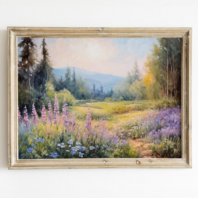 Serene Meadow Landscape Print | Spring Oil Painting Floral Wildflower Field Art | Impressionist Nature Wall Decor | Vintage Rustic