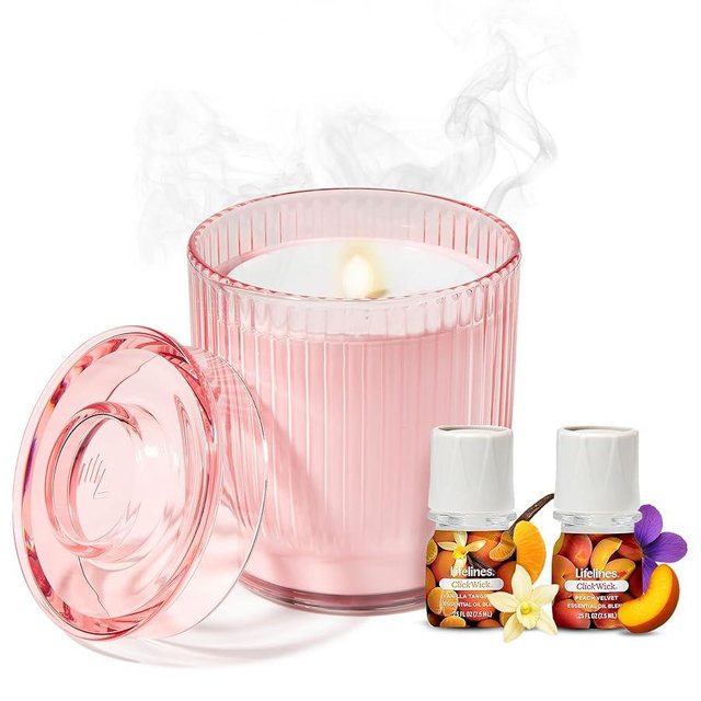 Lifelines Flameless Candle Aromatherapy Essential Oil Diffuser with 2 ClickWick Essential Oil Blends - Cordless & Waterless Diffuser for Home - Scented Electric Candles Blow Out Flame - Pink Jar