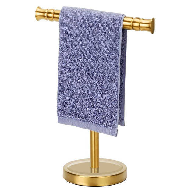 Sfemn Gold Hand Towel Holder Stand for Bathroom Vanity Countertop SUS304 Stainless Steel T-Shape Free Standing Towel Rack Stand Towel Bar for Bathroom Kitchen