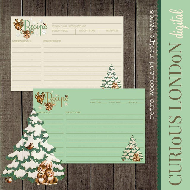 Retro Woodland Christmas Recipe Cards: Printable 3x5 4x6 (Digital Download)