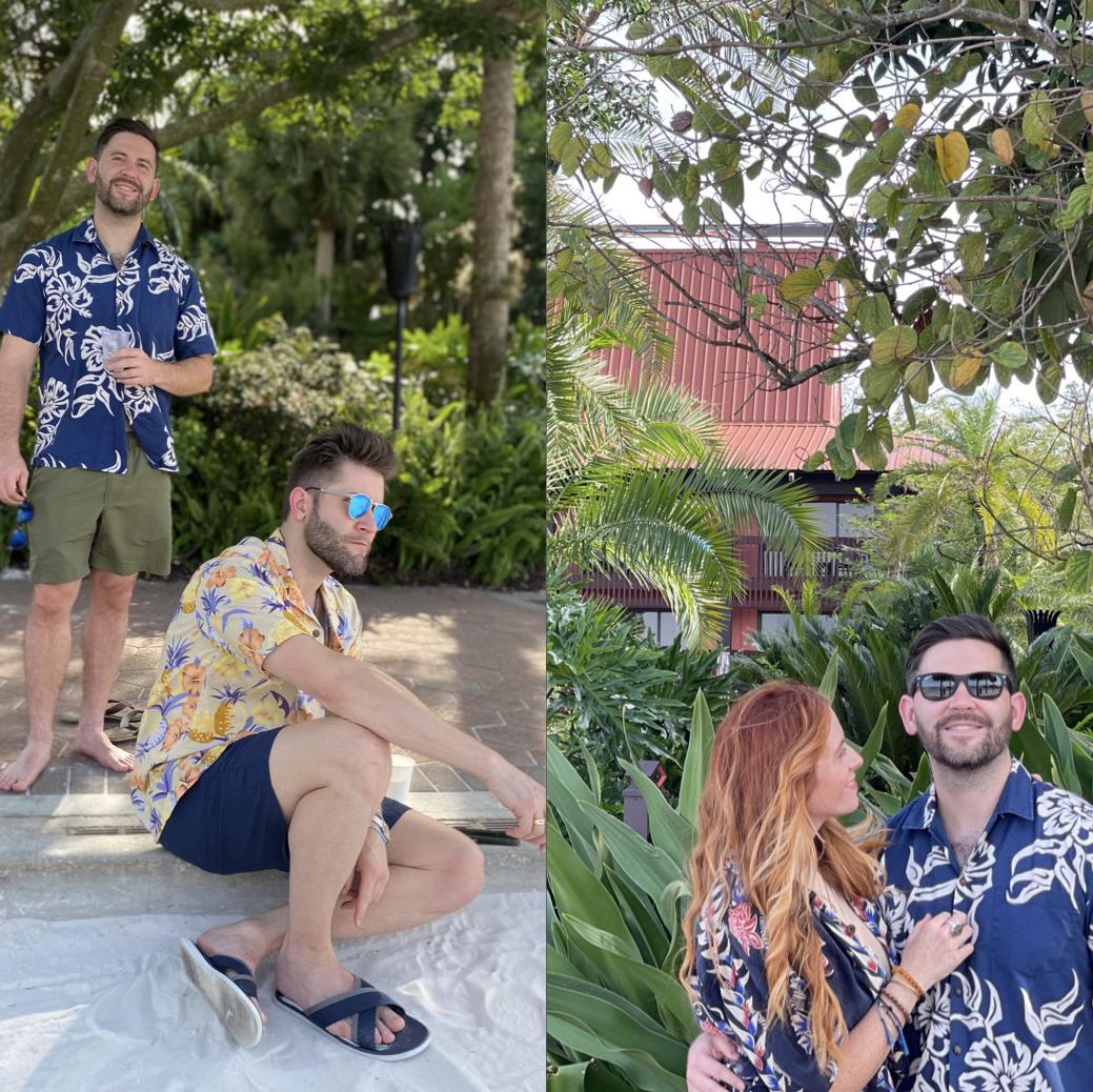 Once we got settled in our room, Jared said, Hey I’ve got these really cool tiki shirts for all three of us to put on and take pictures. 
I had no clue what they were up to😂