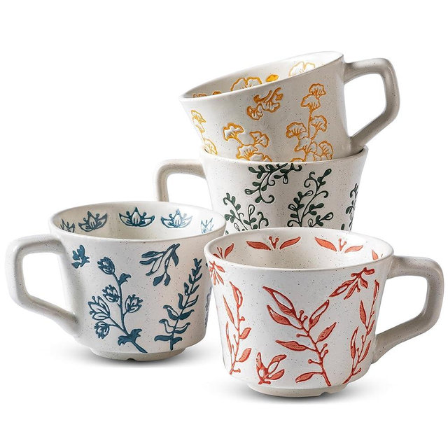 Ceramic Mugs 11 oz Unique Luxurious Cups Set of 4, Mug for Coffee Milk Latte Cappuccino Tea, Office Home Dishwasher Microwave Freezer Safe Stoneware Handmade Minimalist Mixed Cup
