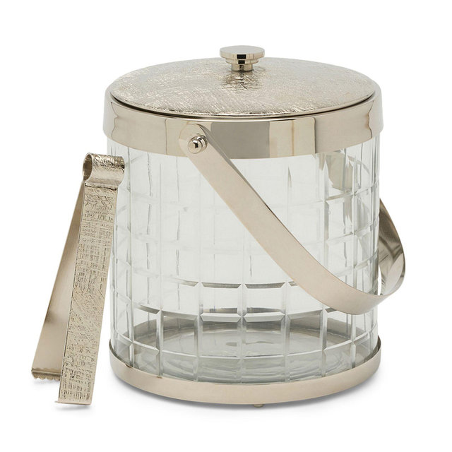 Blue Pheasant Sevasti Shiny Nickle Square Etched Ice Bucket with Tongs