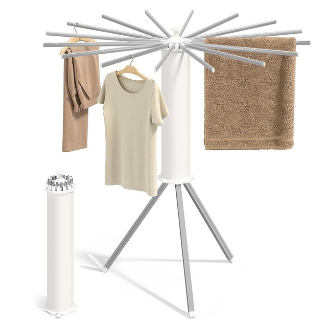 SONGMICS Clothes Drying Rack Foldable, Rotary Tripod Laundry Drying Rack, Rotatable Portable Floor Standing Clothes Airer, Laundry Room Balcony, 16 Pull-Out Aluminum Alloy Arms, Silver ULLR531EW01