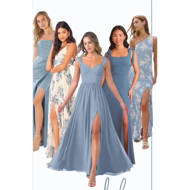 Dusty blue mismatch dress inspo for guests who wish to wear wedding colors.