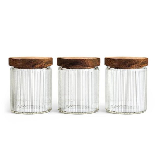 Glass Storage Jars with Wooden Lids 16.9oz-Set of 3 | Airtight Ribbed Glass Canisters for Food, Pasta, Coffee, Candy, Dog Treats, Snacks | Glass Organization Containers for Home & Kitchen