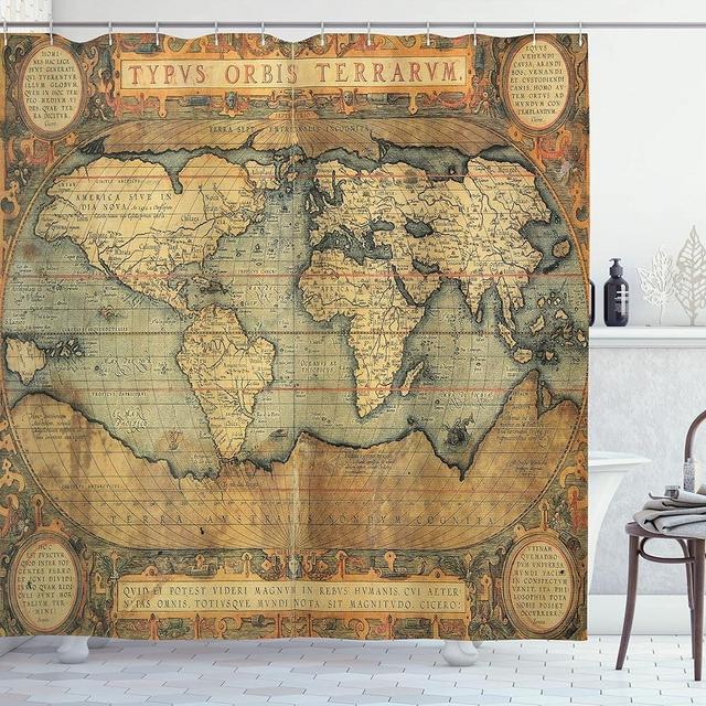 Ambesonne World Map Shower Curtain, Old Chart Vintage Composition of 16th Century Atlas Print, Cloth Fabric Bathroom Decor Set with Hooks, 70" Long, Sand Blue