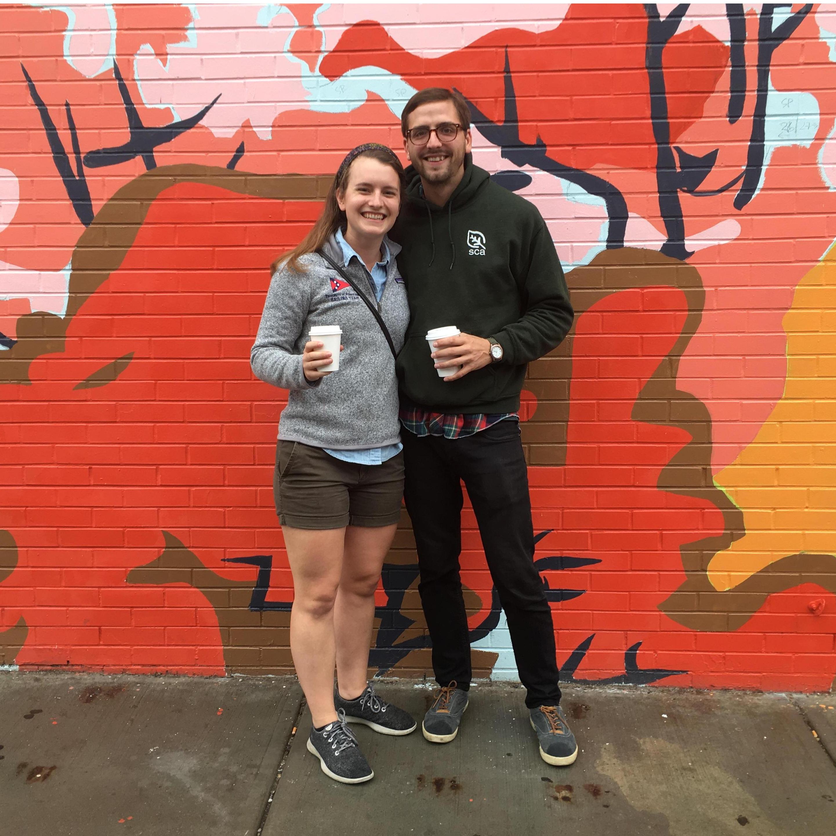 In front of a mural in downtown Burlington when Stephen helped me move in 2018