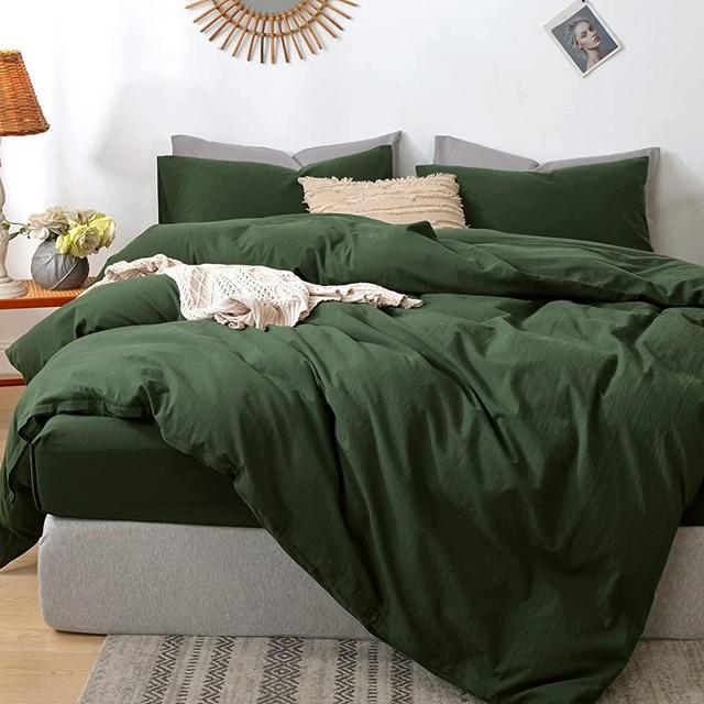 MooMee Bedding Duvet Cover Set 100% Washed Cotton Linen Like Textured Breathable Durable Soft Comfy (Forest Green, Queen Size)