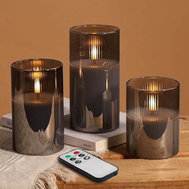 Eywamage Smoke Grey Ribbed Glass Flameless Pillar Candles with Remote, Flickering LED Wax Candles Battery Operated Set of 3