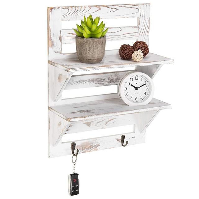 MyGift 2-Tier Rustic Whitewashed Wood Wall-Mounted Shelf Rack with Key Hooks, 17 x 13-Inches