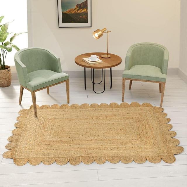 GRUHUM Scalloped Jute Area Rugs 8x10ft Rectangular Natural Fiber Handwoven Soft Braided Rustic Vintage EcoFriendly Rug- Farmhouse Indoor EcoFriendly Livingroom Bedroom Kitchen Hallways 8x10 Rectangle