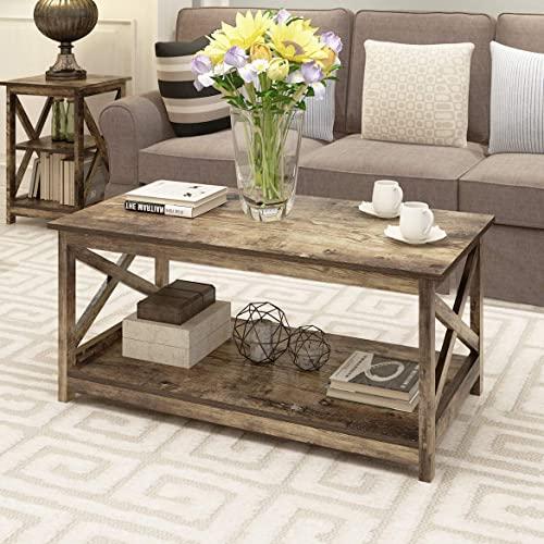 Farmhouse Modern Wood Coffee Table with 2-Tier Shelf Storage, Accent Furniture for Living Room (Rustic)