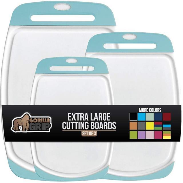 GORILLA GRIP Original Oversized Cutting Board, 3 Piece, BPA Free, Dishwasher Safe, Juice Grooves, Larger Thicker Boards, Easy Grip Handle, Non Porous, Extra Large, Kitchen, Set of 3, Turquoise