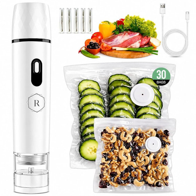 Compact Vacuum Sealer for Food - Powerful Handheld Vacuum Sealer with 30 BPA-Free Reusable Bags and 5 Clips, Rechargeable Cordless Sealer with Detachable Moisture Tank for Meal Prep, Freezer & Travel