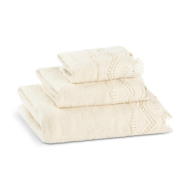 Zahari Home 3 Piece Laced Towel Set - Stylish Soft Plush Cotton Towels with Hand Towel & Washcloth - Highly Absorbent Towels for Bathroom, Gym, Hotel & Spa (Crochet Beige)