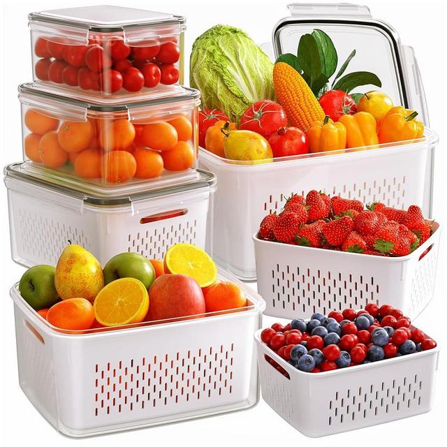 5 PCS Fruit Storage Containers for Fridge with Removable Colanders, 5 Plastic Food Storage Containers with 5 Lids, Leakproof Produce Containers Keep Fruits, Vegetables, Berry, Meat Fresh Longer