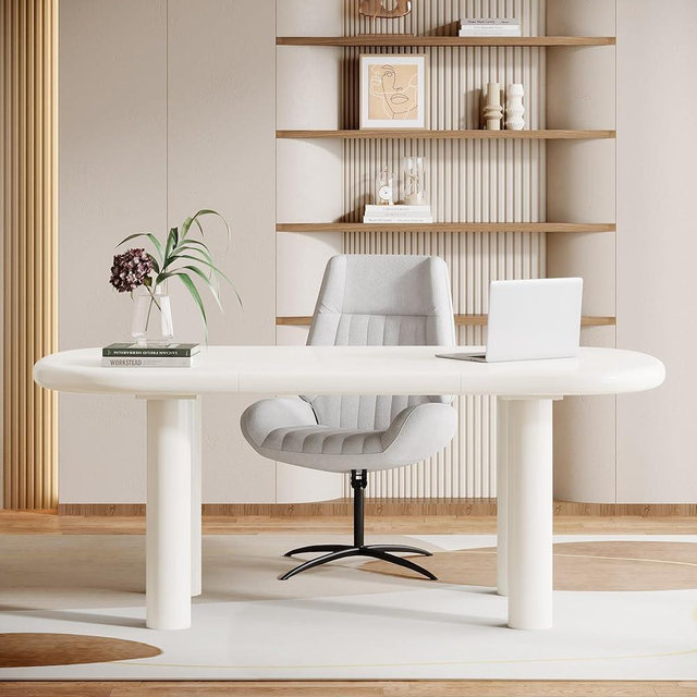 Tribesigns 62.99" Large Desk, Modern Computer Office Desk Cream White Executive Desk, Minimalist Writing Table Study Desk with Cylindrical Legs, Easy Assembly (Only Desk)