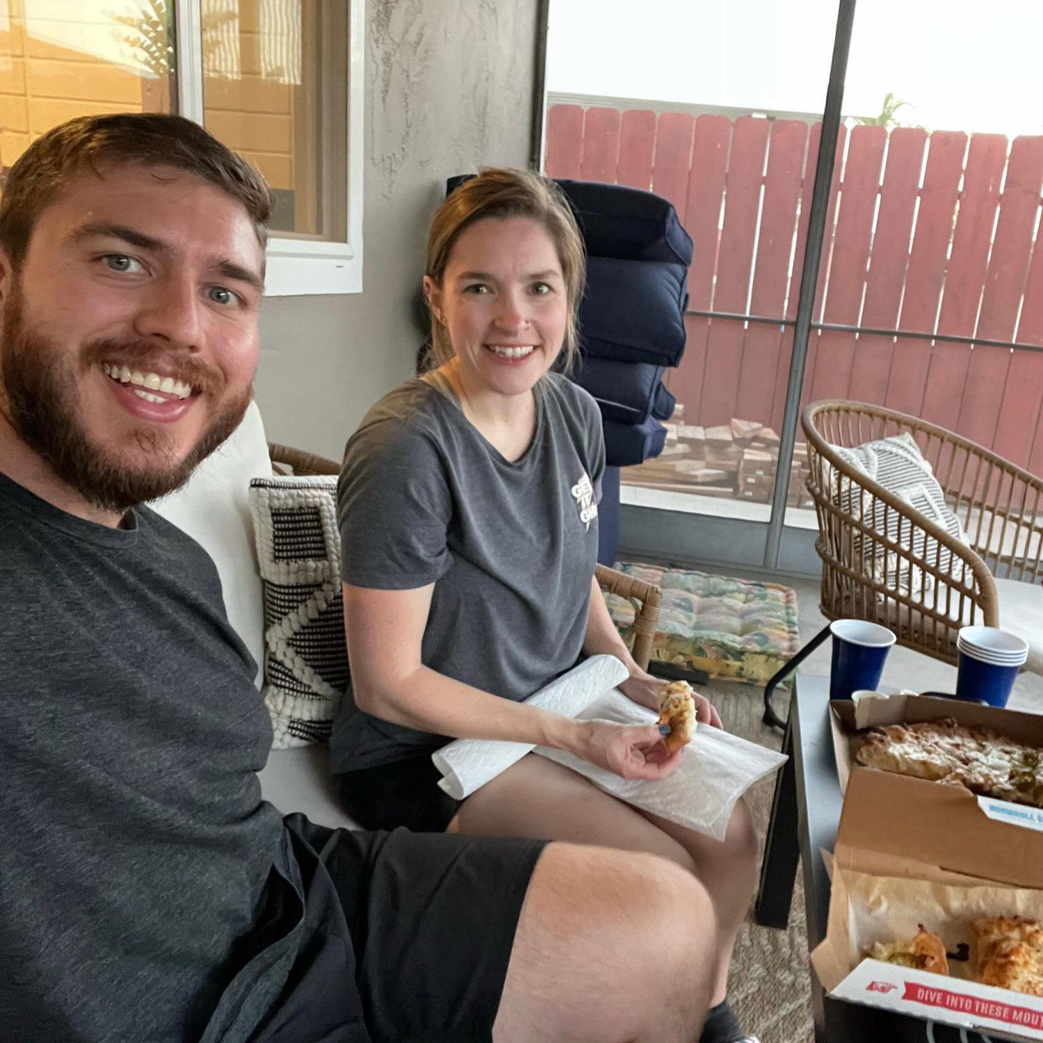 Move in pizza in the sunroom.