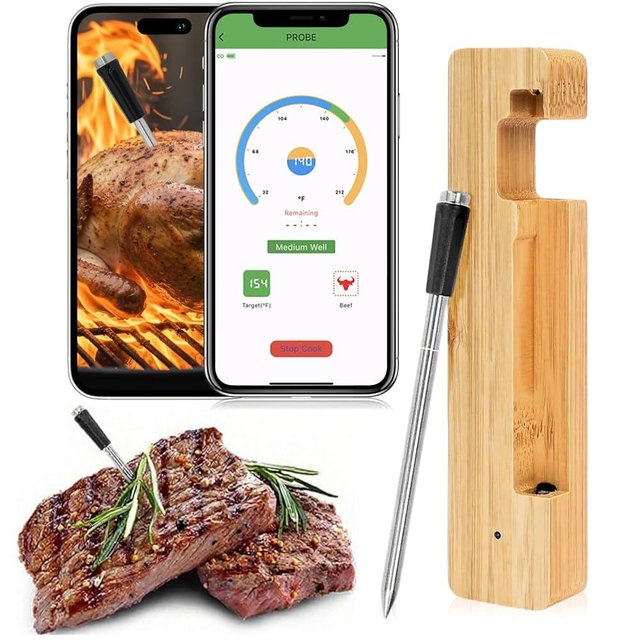 Wireless Meat Thermometer Digital, Long Range Bluetooth 5.2 with App Control, Compatible with iOS & Android, IP68 Waterproof, Fast Charging & Magnetic Smart Food Thermometer for Oven Grill BBQ Smoker