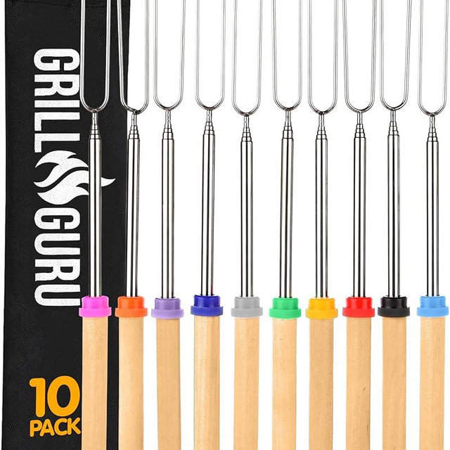 Grill Guru Smores Sticks for Fire Pit - Accessories for Campfire Marshmallow Roasting Sticks Smores Kit Outdoor-Smore Skewers Hot Dog Fork For Outside, Camping Essentials Bonfire Gear Long 32" 10 Pack