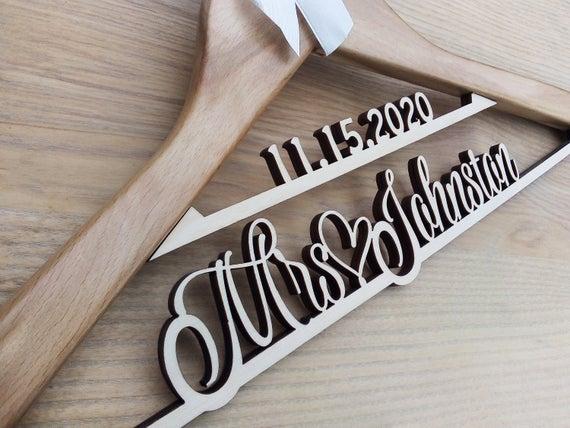 Bridal Dress Hanger (Natural Wood, Silver Inscription)
