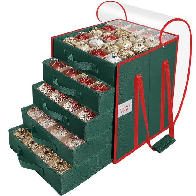 HKQ Christmas Ornament Storage Box, Stores Up to 100 Count 3 Inch Ornaments, 5 Individual Trays, Adjustable Dividers, 600D Oxford Fabric, Large Organizer Bin to Protect and Store Holiday Décor