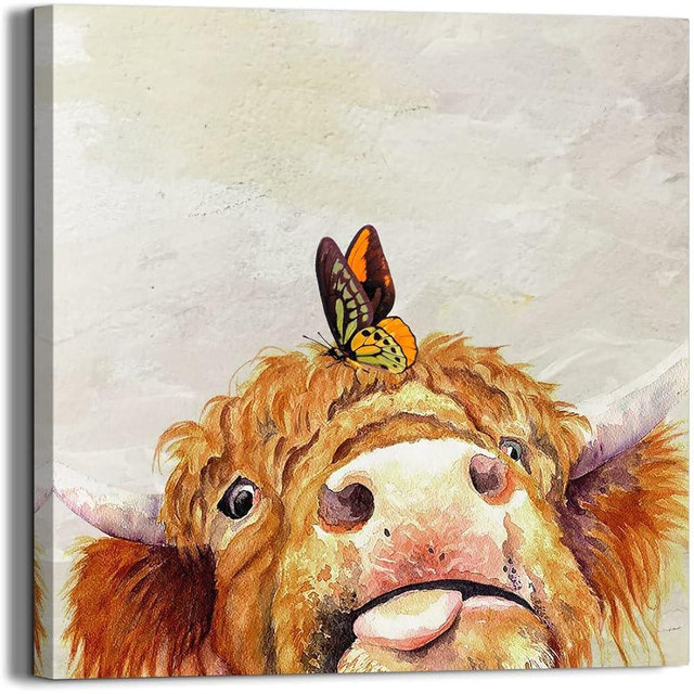 Cute Highland Cow Print Decor Rustic Farmhouse Wall Decor Retro Cow with Butterfly Pictures Wall Art Abstract Animal Canvas Paintings for Bedroom Bathroom Funny Home Artwork (Brown, 12x12inch)