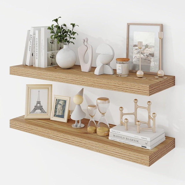 Acovy 30 Inch Floating Shelves, 9.3" Deep Floating Shelf Wall Mounted, 30" Wall Shelves, Rustic Deep Bookshelf, Large Display Shelves & Storage Shelves for Bedroom, Living Room, Light Brown, Set of 2