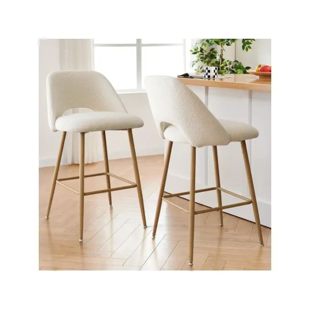 Boucle Counter Stool Set Of 2,Beige Boucle Fabric Modern Counter Stools with Metal Legs,26 Inch Stools With Back for Kitchen Island-The Pop Home