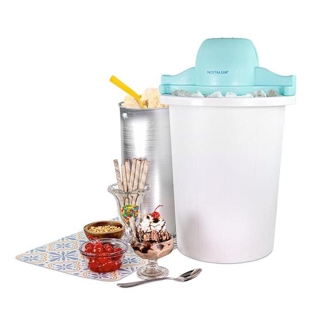 Nostalgia Electric Ice Cream Maker – Parlor Style, Old Fashioned Soft Serve Ice Cream Machine Makes Frozen Yogurt or Gelato in Minutes - Fun Kitchen Appliance – Blue & White - 6 Quart
