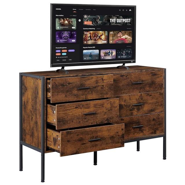 Lyromix Wood Rustic Dresser with 6 Drawers, Wide 48'' Brown TV Stand for Bedroom, Mid Century Modern Drawer Chest with Antique Finish, Perfect for Living Room Storage, 48.5"x15.7"x31"