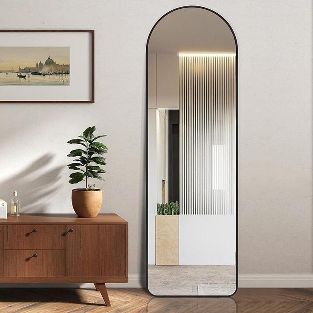 ABSWHLM Arched Full Length Mirror 63"x18" Aluminum Alloy Frame Floor Mirror for Living Room, Bedroom Hanging Standing or Leaning Wall-Mounted, Black