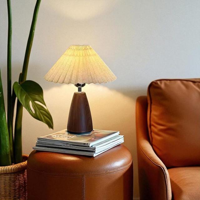 Nordic Vintage Table Lamp with Pleated Shade & Dark Wood Base | Warm Ambient Light for Bedroom, Living Room, Office or Study