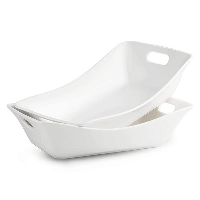 1.5 Quarts Serving Bowl with Handles Set Rectangle Serving Platter Porcelain Bowl Set, 2 Pack White