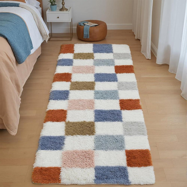 PureCozy Checkered Area Rug 2x6 for Bedroom, Modern Rainbow Shag Rug Super Soft Runner Carpet Washable Fluffy Rugs for Living Room Bedside Sofa Home Dorm Decor Aesthetic